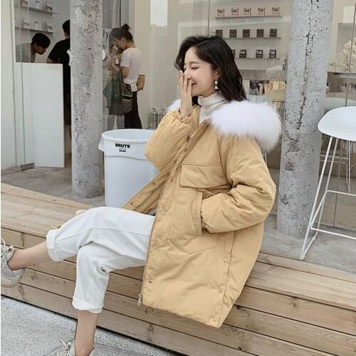 2019 new style Korean version down jacket medium style large wool collar female coat hooded embroidery over knee lady clothes