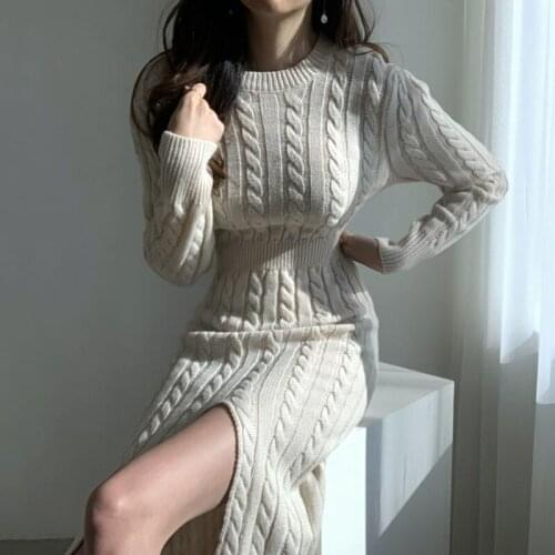Split Sweater Dress Winter Clothes Women Knitted Jumper Dresses Woman Autumn Warm Casual Pollover 2021 Solid Thick Korean New