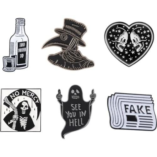 Plague Doctor Grim Reaper Hell Ghost Punk Skull Enamel Pin Brooch Wine Newspaper Pass The Time Lapel Pin Badge Jewelry Wholesale