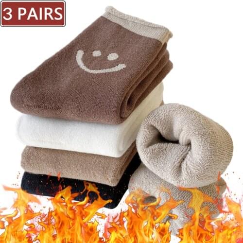 3 Pairs Women Thermal Warm Winter Socks Smiley Trend Wool Socks Fluffy Fuzzy Cashmere Snow Cotton White Black Solid Sleep Socks