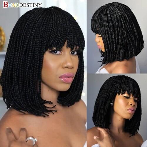 Beaudestiny Crochet Braid Wigs Synthetic Hair Bob Hair Wig With Bangs Short Black Wig Synthetic Braids African Braids Hair Wig