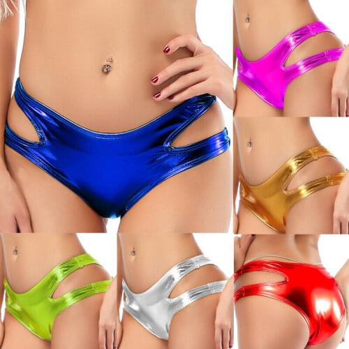 Shiny Metallic Hollow Out Briefs Womens PU Leather Shorts Rave Dance Underwear Clubwear Pole Dancing Panties
