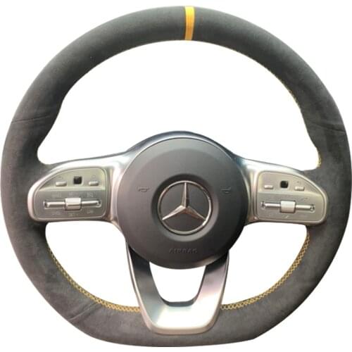 All Black Suede Leather Yellow Marker Steering Wheel Hand Sewing Wrap Cover Fit For Mercedes-Benz A-Class W177 2018-2019