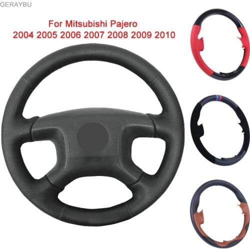 GERAYBU Custom DIY Black Leather Hand-sewn Car Steering Wheel Cover For Mitsubishi Pajero 2004-2010 Breathable Wear-resistant