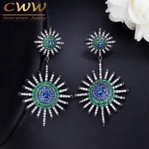 CWWZircons Sparkling Star Shape Black Color Mix Green Blue CZ Zirconia Stones Big Long Dangle Earrings for Women CZ028