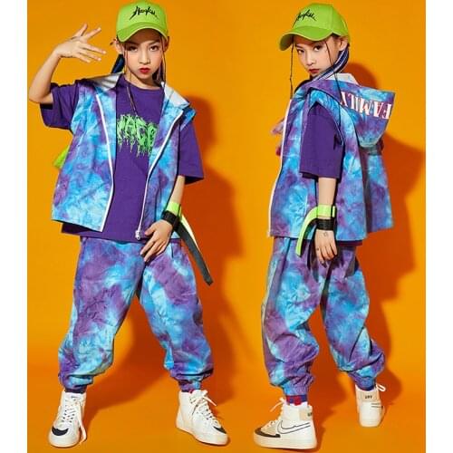 Blue Tie Dye Hip Hop Clothing For Kids Girls Jazz Dance Performance Costume Boys Street Wear Fashion Hiphop Stage Outfits BL6423