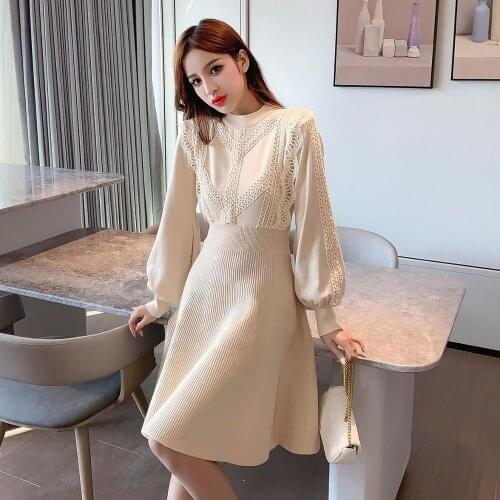 Elegant Korean Winter Vestidos Lantern Sleeve Sexy Lace Slim Knitted dress O-neck knit dress Female Office Sweater Dresses