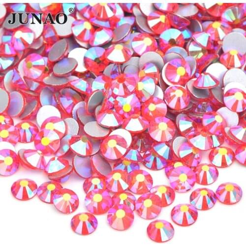 JUNAO SS16 SS20 Glitter Hyacinth AB Glass Flatback Rhinestone Applique Round Nail Crystal Stones Stickers for DIY Garment Crafts