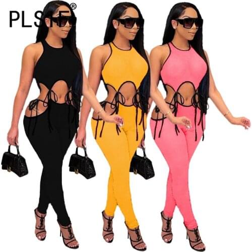 Summer Fashion Lace Up Pant Set O Neck Sleeveless 2 Pieces Outfits Female Casual Matching Set