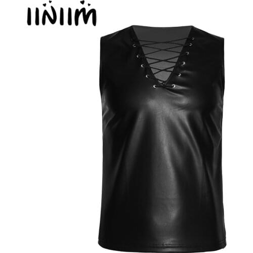 Men Fashion Tank Tops Lace-up Faux Leather T-shirt V Neck Sleeveless Tank Top Clubwear Tops Stage Performance Costume