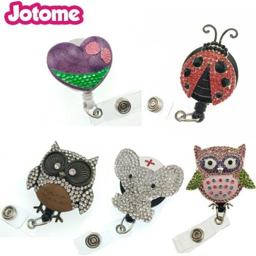 New Arrival Enamel Rhinestone Shell Owl Elephant Ladybug Mermaid Retractable ID Badge Reel for Nurse Doctor Office Supplies