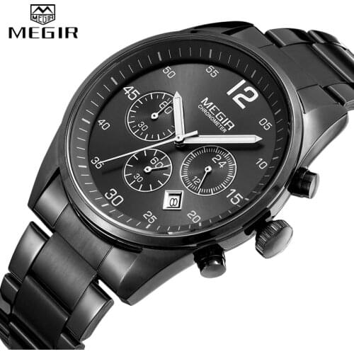 MEGIR Military Sport Men Watches Stainless Steel Quartz Watch Fashion Casual Male Date Clock Full Steel Business Mens Wristwatch