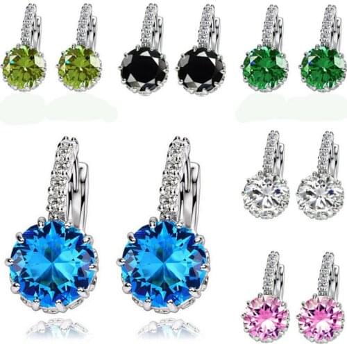 Cute Female Crystal Zircon Stone Earrings Dainty Silver Color Clip Earrings For Women Blue White Purple Round Earrings