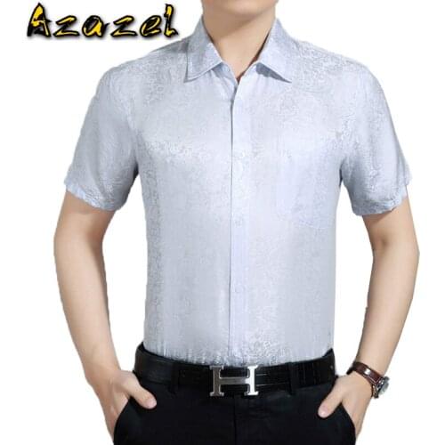 AYUSNUE Summer 100%Silk Shirt Men White Short Sleeve Shirt High Quality Men Dress Shirts Korean Social Camisa Hombre 2984 KJ1940