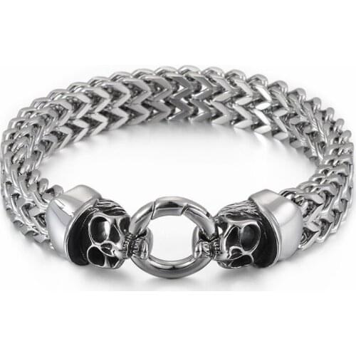 HAOLYNJOY Punk 316 Stainless Steel Skull Charm Bracelet 23cm Mens High Polished Shiny Mesh Link Chain Bracelet Homme Jewelry