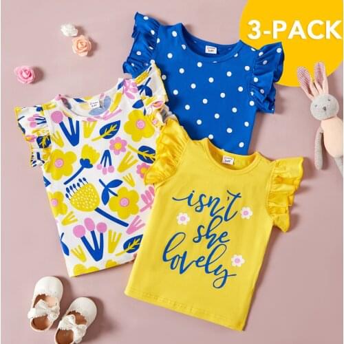 PatPat New Arrival 2021 Spring and Summer Toddler Girl Sweet Tee 3-pack Letter Floral Toddlers Tee Childrens Clothing