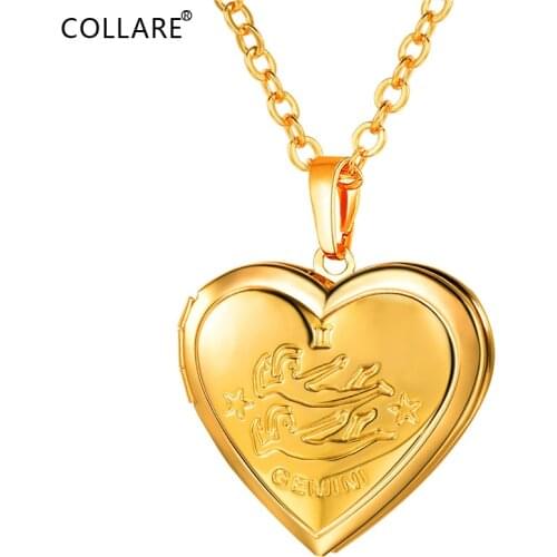 Collare Gemini Heart Pendant Gold/Silver Color Photo/Memory Locket 12 Zodiac Constellation Jewelry Dainty Necklace Women P894