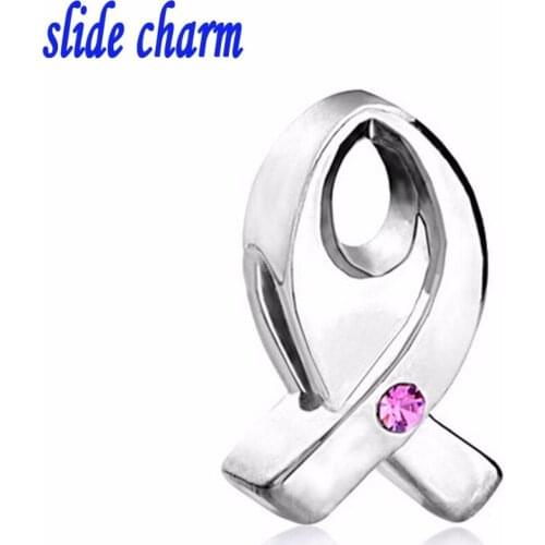 Slide charm Free shipping Valentines Day gift fashion pink breast cancer ribbon inlay crystal charm beads fit Pandora bracelet