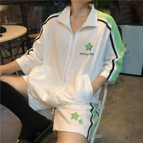 Short-sleeved jacket + shorts sports suit female summer Korean student loose ins casual hip-hop two-piece suit