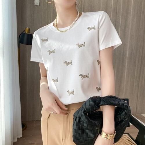 Rhinestone Inlaid Puppy 80 Mercerized Cotton T-shirt Female 2021 Summer New Slimming Elastic Cotton Short Sleeve Top