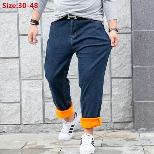 Warm Pants Winter Jeans Men Hommes Dark Blue Denim Fleece Stretch High Waisted Plus Size 42 44 46 48 Loose Male Thick Clothing
