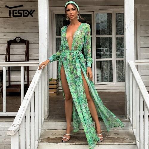 Yesexy Sexy Deep V Neck Holiday Floral Print Dress Autumn High Slit Maxi Boho Beach Dress Women Long Sleeve Party Dress MM1830