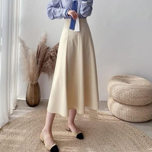 2021 Womens Solid Midi High Waist A-line Skirt Female Elegant Office Lady Hight Sreet Skirts Feme