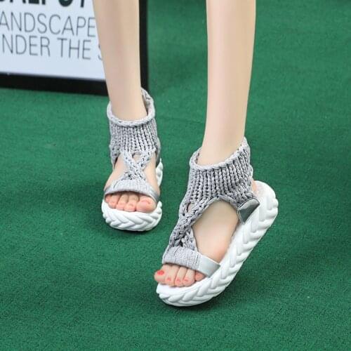 Women Gladiator Sandals Summer Flat Wool Shoes Thick-bottomed Knitting Sandals Solid Ladies Platform Sandalias Zapatos Mujer