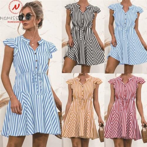 Women Summer Striped Print A-Line Dress Drawstring Design Button Decor V-Neck Flying Short Sleeve High Waist Slim Mini Dress