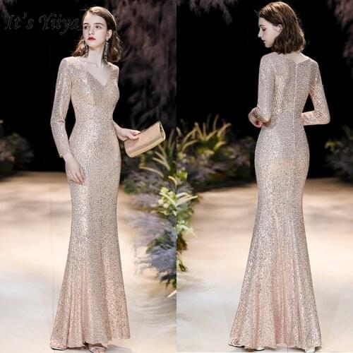 Its Yiiya Evening Dress Long Sleeve Robe De Soiree K021 Elegant V-neck Formal Gowns For Women Gold Sequins Evening Dresses