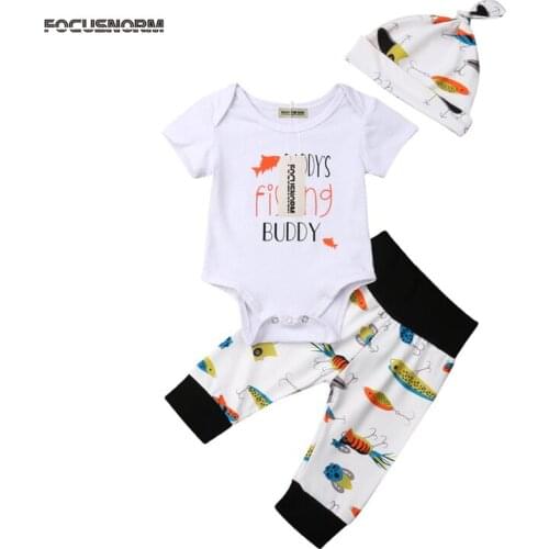 Newborn Kids Baby Boy Fishing Print Clothes Sunsuit Short Sleeve T Shirt Top+Pants Leggings Hats 3Pcs Toddler Summer Outfits Set