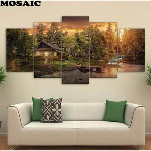 5diy diamond painting mosaic Embroidery Cabin in the Woods Wall Decor, Kitchen Decoration,Print diamond lake Picture Artwork