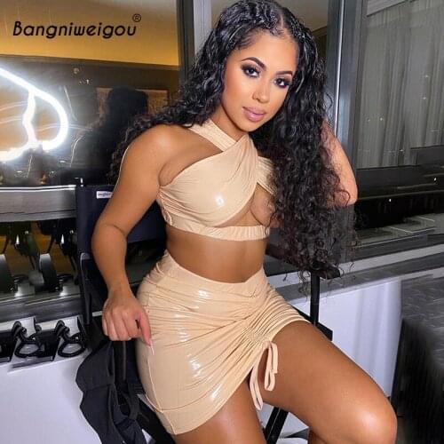 Bangniweigou Crossed Halter Top Ruched Mini Skirt Two Piece Set Women Faux Pu Leahter Club Dress Set Hollow Out Sexy Outfits