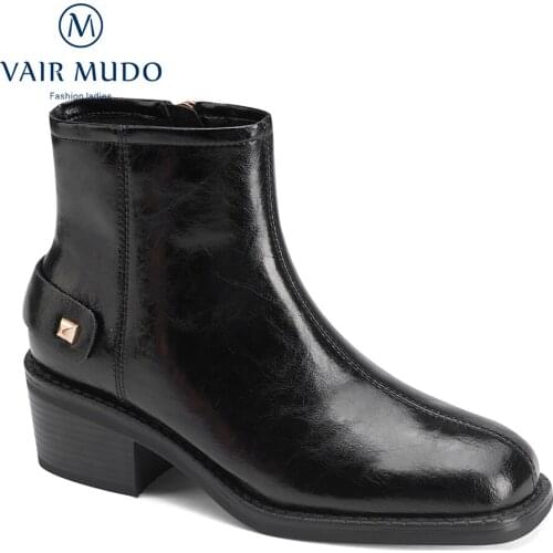 VAIR MUDO Martin Boots Shoes High Heels Elegant Boots Concise Genuine Leather Solid Shoes High Heels Round Toe WM-X185-C