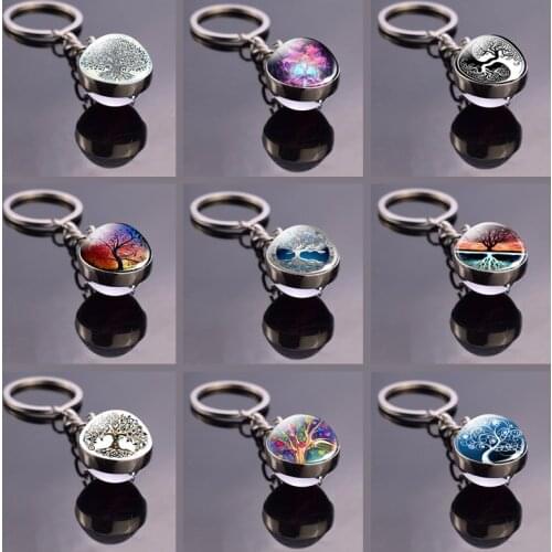 Tree of Life Glass Ball Key Chain Life Tree Ball Pendant Art Car Keychain Glass Cabochon Jewelry Keyring Women Gift Dropshipping