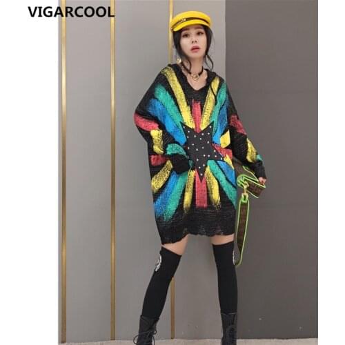 Tide brand women 2021 spring new fashion sweater womens Korean style hooded sweater star sweater mid-length fashion streetwear