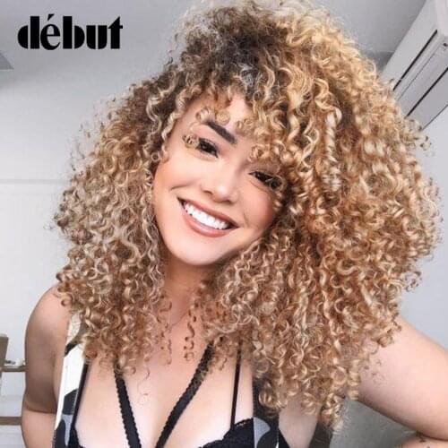 Debut Curly With Bangs Wigs Kinky Curly Human Hair Wigs For Black Women TT1B/27 Cheap Brazilian Jerry Curl Remy Human Hair Wigs