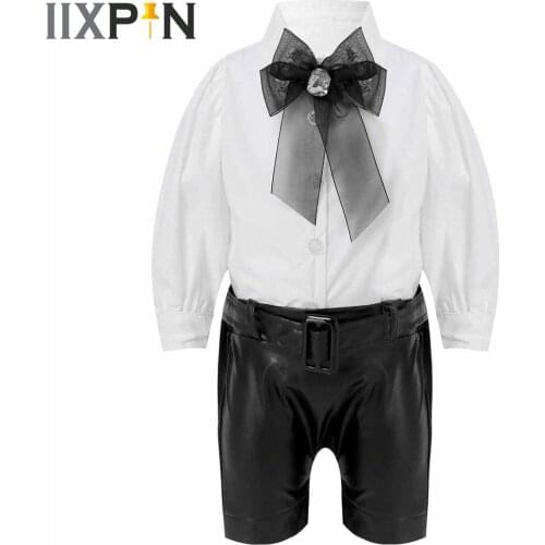 Kids Girl Fashion Suits Schoolwear Party Costume Lantern Sleeve Bowktie White Shirt + PU Leather Shorts 2PCS Girls Clothing Set