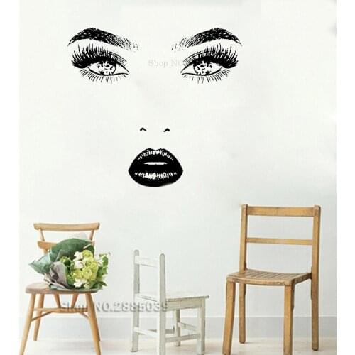 Girl Face Wall Decal Model Girl Eyes Lips Mural Fashion Beauty Salon Decoration Make Up Wall Sticker Vinyl Home Decor New LC556