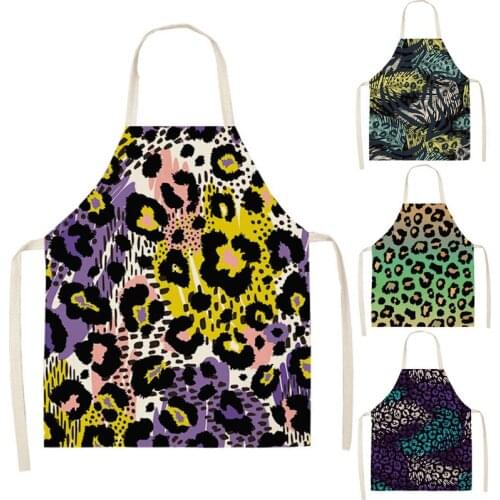 Women Leopard Kitchen Aprons for Women Men Cotton Linen Apron Home Cooking Baking Waist Bib Pinafore Cleaning Tools