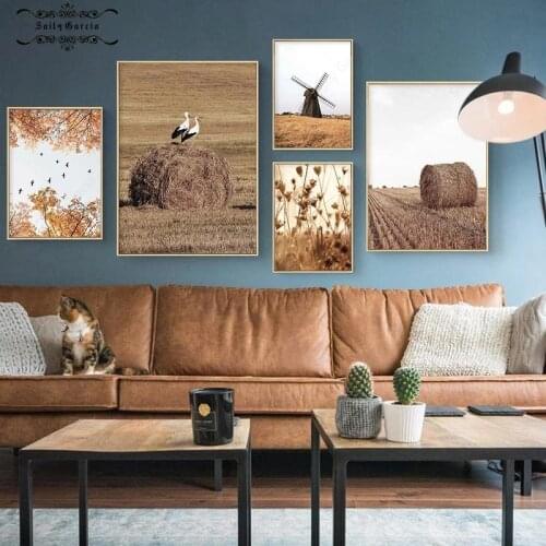 Autumn Scenery Poster and Print Farm Straw Stack Canvas Painting Wild Bird Wall Art Pictures for Living Room Home Interior Decor