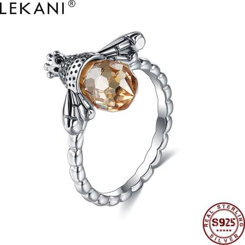LEKANI 925 Sterling Silver Cute Bee Animal Finger Rings For Women Orange Honeycomb Austria Crystal Vintage Ring Fine Jewelry