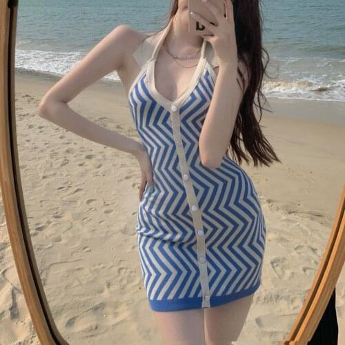 Summer Y2k Knit Dress 2021 Striped Halter Sexy Bodycon Dress for Women Button Backless V Nevk Off Shoulder Mini Dresses Party