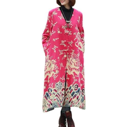 LZJN Spring Long Trench Coat Cotton Linen Chinese Dragon Loong Windbreaker Women Duster Coat Outerwear Cortavientos Coupe Vent