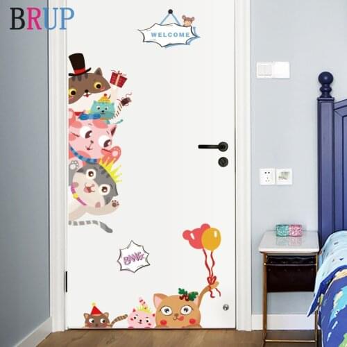 Lovely Cartoon Cats Wall Stickers for Kids Room Animals Door Sticker Decorative Vinyls for Walls Creative House Decoration