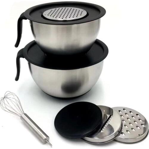 Stainless Steel Mixing Bowls Set Nesting Bowls With Long Handles, Non-Slip Silicone Base, Airtight Lids, Graters and Egg Beater