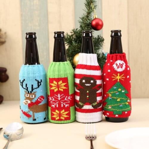 New Year Christmas Wine Bottle Set Knitting Decor Clothes Kitchen Decoration for Christmas Dinner Party Stockings