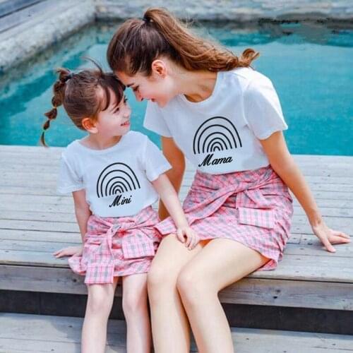 Mother And Daughter Matching Clothing Mom And Baby Girl Outfits Women Kid Summer Tshirts Mama Mimi Rainbow White T Shirt Tops