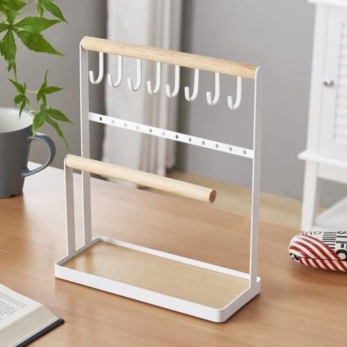 Jewelry Organizer Display Stand Holder with Wooden Ring Tray and Metal Hooks Storage for Bracelets Necklaces Earrings Watches