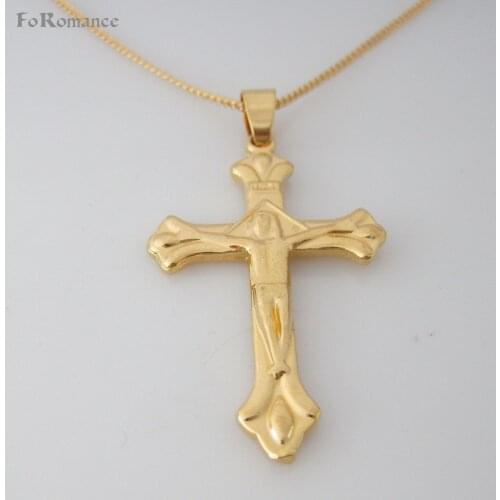 YELLOW GOLD OVERLAY COATED 18INCH CIRCLE LINK NECKLACE & JESUS CROSS GOD CATHOLIC PENDANT CHURCH GREAT GIFT
